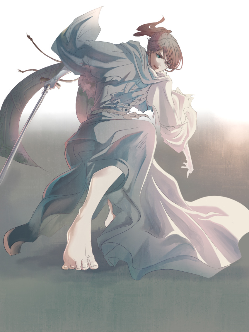 1girl, barefoot, belt, bloodborne, brown_hair, cane, capelet, cloak