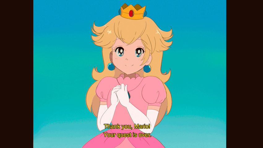 1985, 1girl, 80s, :d, adult, animated, animated_gif, bangs, blinking, blonde_hair, blue_earrings, blue_eyes, breast_size_request, breasts, cameo, chocomiru, commentary, crown, dress, earrings, elbow_gloves, english, english_commentary, eyebrows_visible_through_hair, eyelashes, fake_screenshot, film_grain, gloves, jewelry, long_hair, looking_at_viewer, making_of, mario, super_mario_bros., nintendo, nintendo_ead, oldschool, open_mouth, own_hands_together, parody, parted_bangs, pillarboxed, pink_dress, princess, princess_peach, puffy_short_sleeves, puffy_sleeves, raised_eyebrows, short_sleeves, sketch_eyebrows, smile, solo, style_parody, subtitled, super_mario_odyssey, takeuchi_naoko_(style), talking, upper_body, vhs_artifacts, w_arms, white_gloves