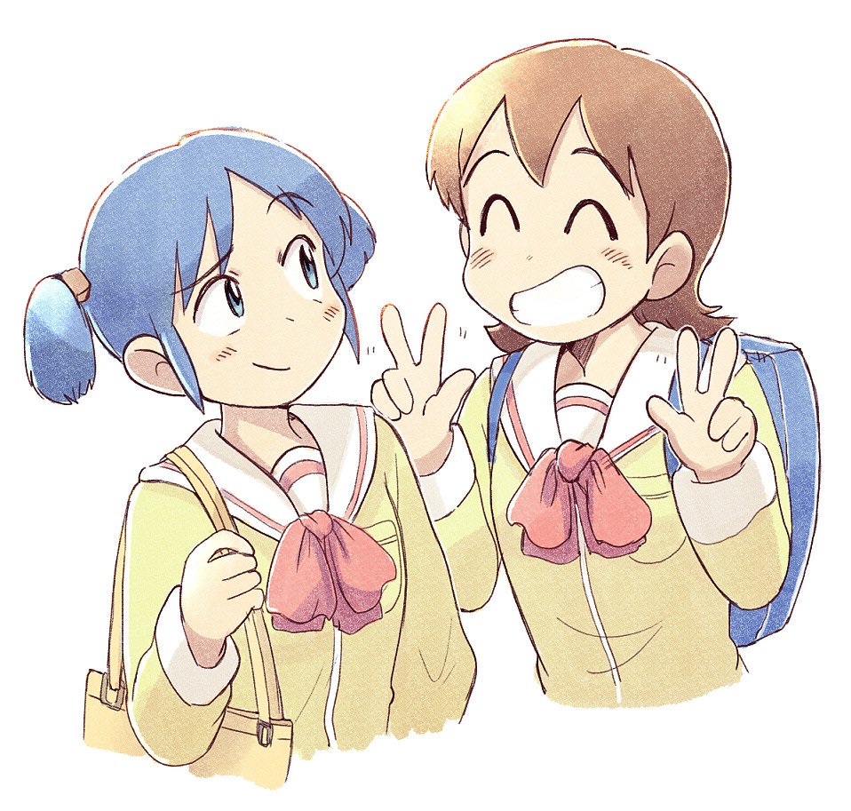 2girls, ^_^, aioi_yuuko, backpack, bag, blue_eyes, blue_hair, blush, brown_hair, closed_eyes, closed_eyes, closed_mouth, double_v, eyebrows_visible_through_hair, facing_another, grin, looking_at_another, multiple_girls, naganohara_mio, nichijou, parted_lips, school_uniform, short_hair, short_twintails, smile, teeth, tsubobot, twintails, v