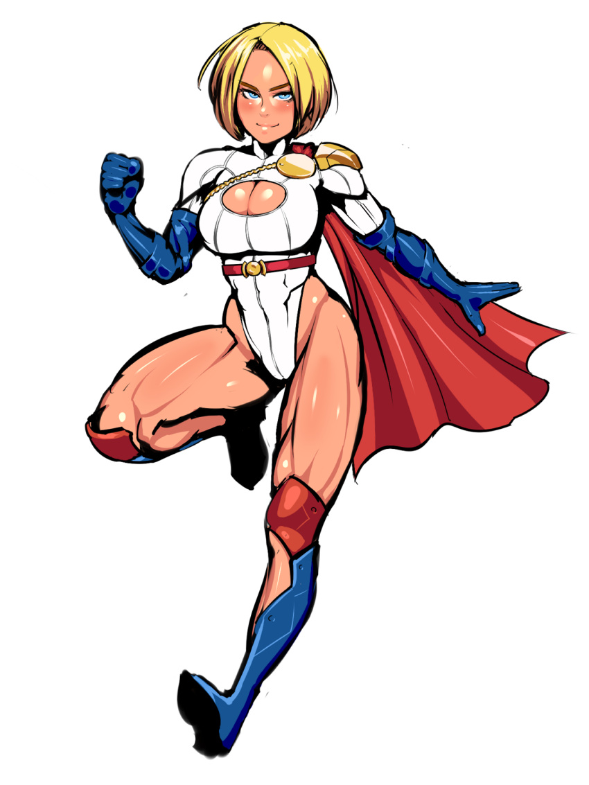 1girl, blonde_hair, blue_eyes, blue_gloves, boots, breasts, cape, cleavage