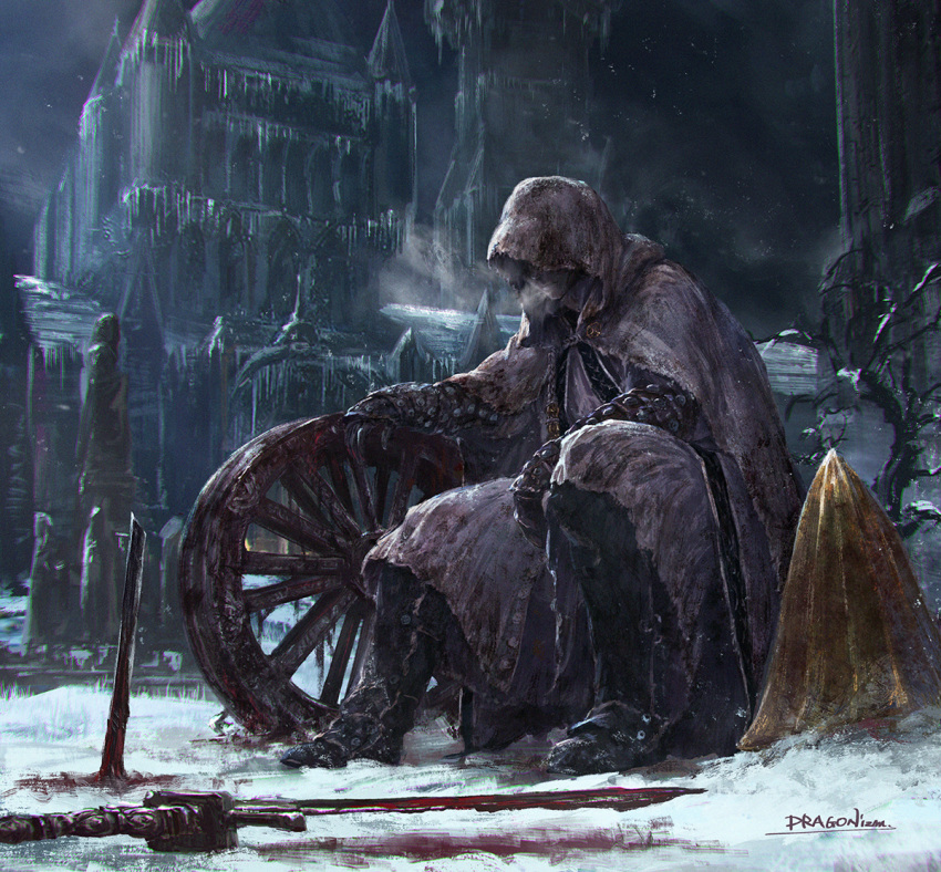 1boy, blood, blood_on_snow, bloodborne, bloody_weapon, blurry, boots, breath