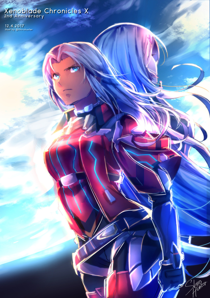 1girl, absurdres, armor, blue_eyes, bodysuit, breasts, dark_skin, elma_(true_form)_(xenoblade_x), elma_(xenoblade_x), gloves, hair_ornament, highres, long_hair, nintendo, shirohunter, simple_background, spoilers, white_hair, xenoblade_(series), xenoblade_chronicles_x
