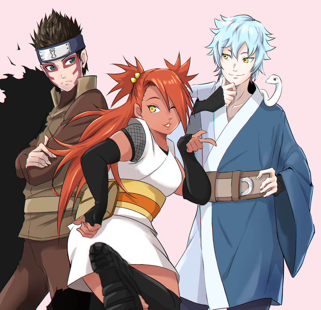 1girl, 2boys, akimichi_chouchou, black_gloves, black_hair, blue_eyes, blue_hair, boots, boruto:_naruto_next_generations, brown_hair, crossed_arms, dark_skin, elbow_gloves, facepaint, fingerless_gloves, gloves, hair_bobbles, hair_ornament, hair_over_one_eye, hand_on_own_chin, kero_(23690272), leg_up, looking_at_viewer, mitsuki_(naruto), multiple_boys, naruto_(series), one_eye_closed, pale_skin, pose, shinki_(boruto), snake, two_side_up, yellow_eyes