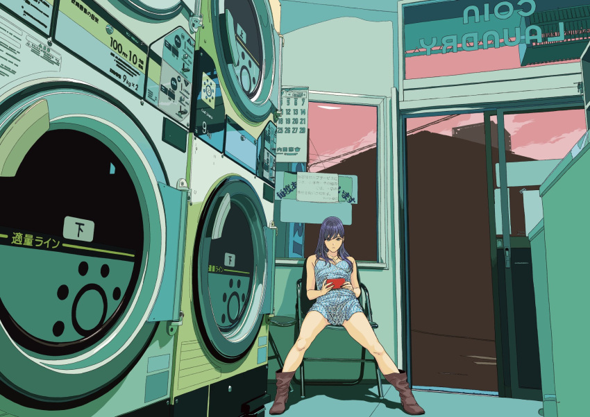 1girl, bangs, bare_legs, bare_shoulders, blue_hair, boots, breasts, building
