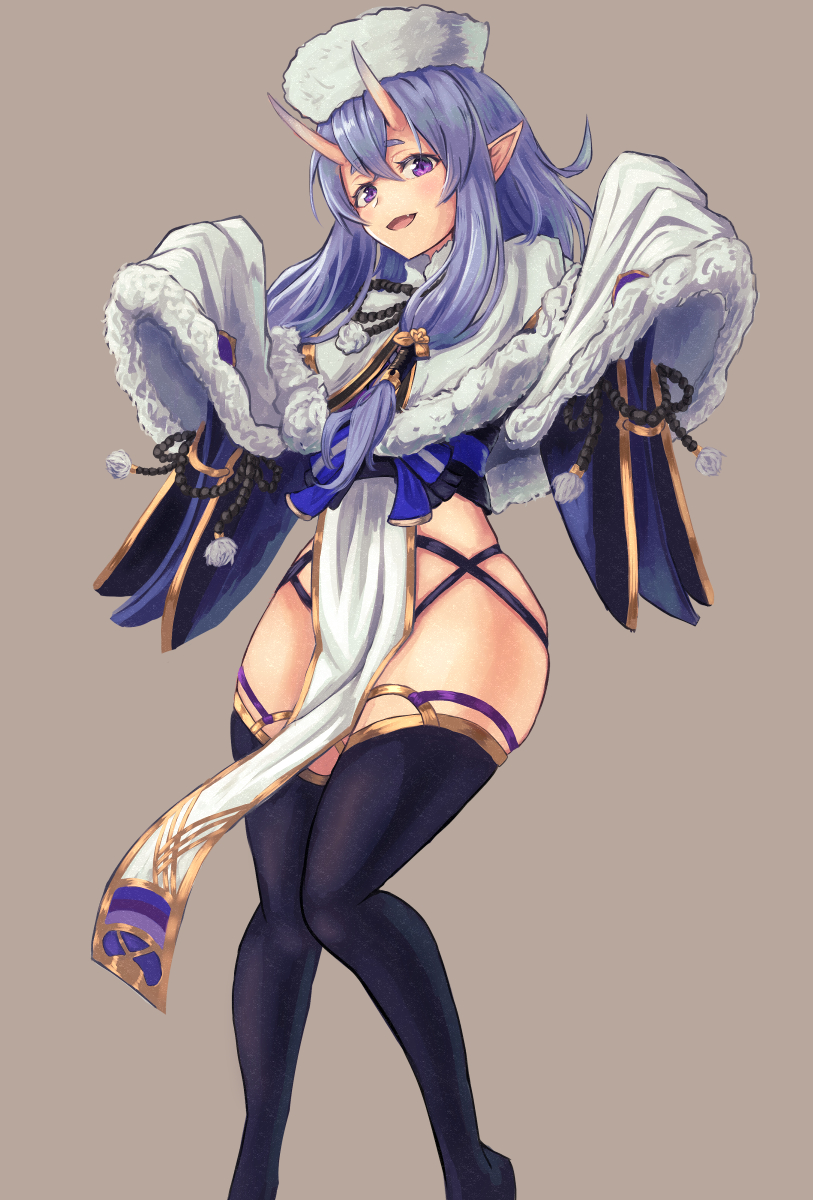 1girl, bangs, blue_hair, fang, feet_out_of_frame, hair_between_eyes, hat, highres