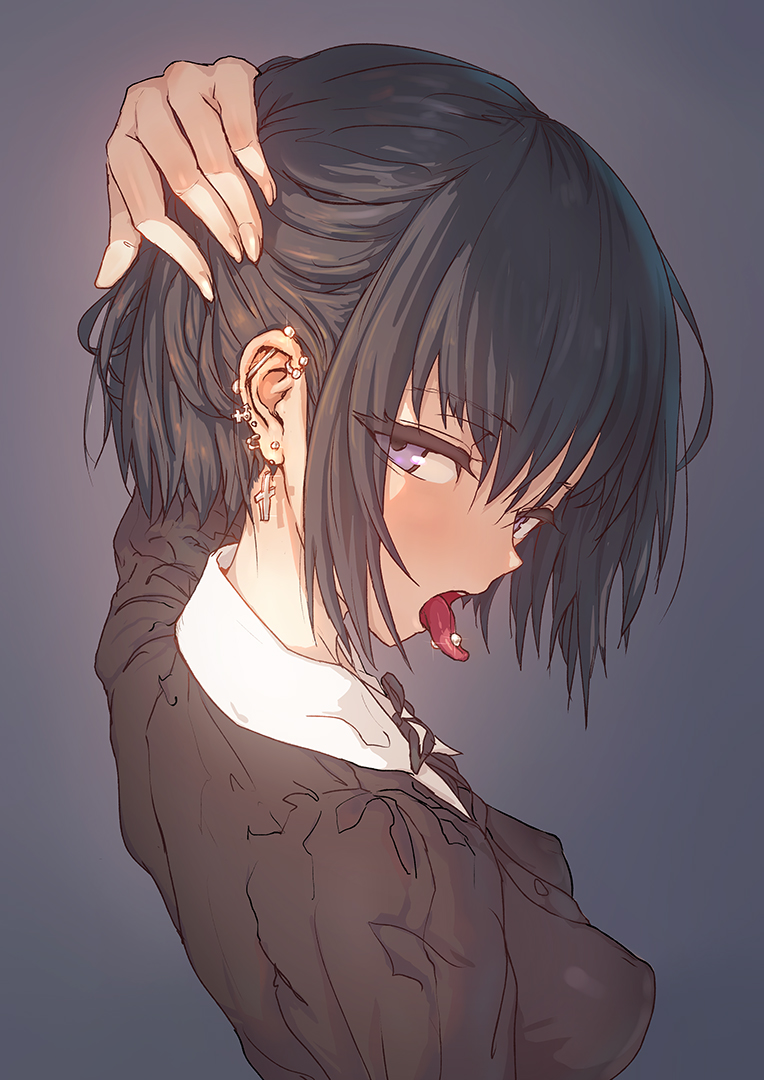 1girl, arm_behind_head, aya_shobon, back, black_hair, breasts, ear_piercing, erect_nipples