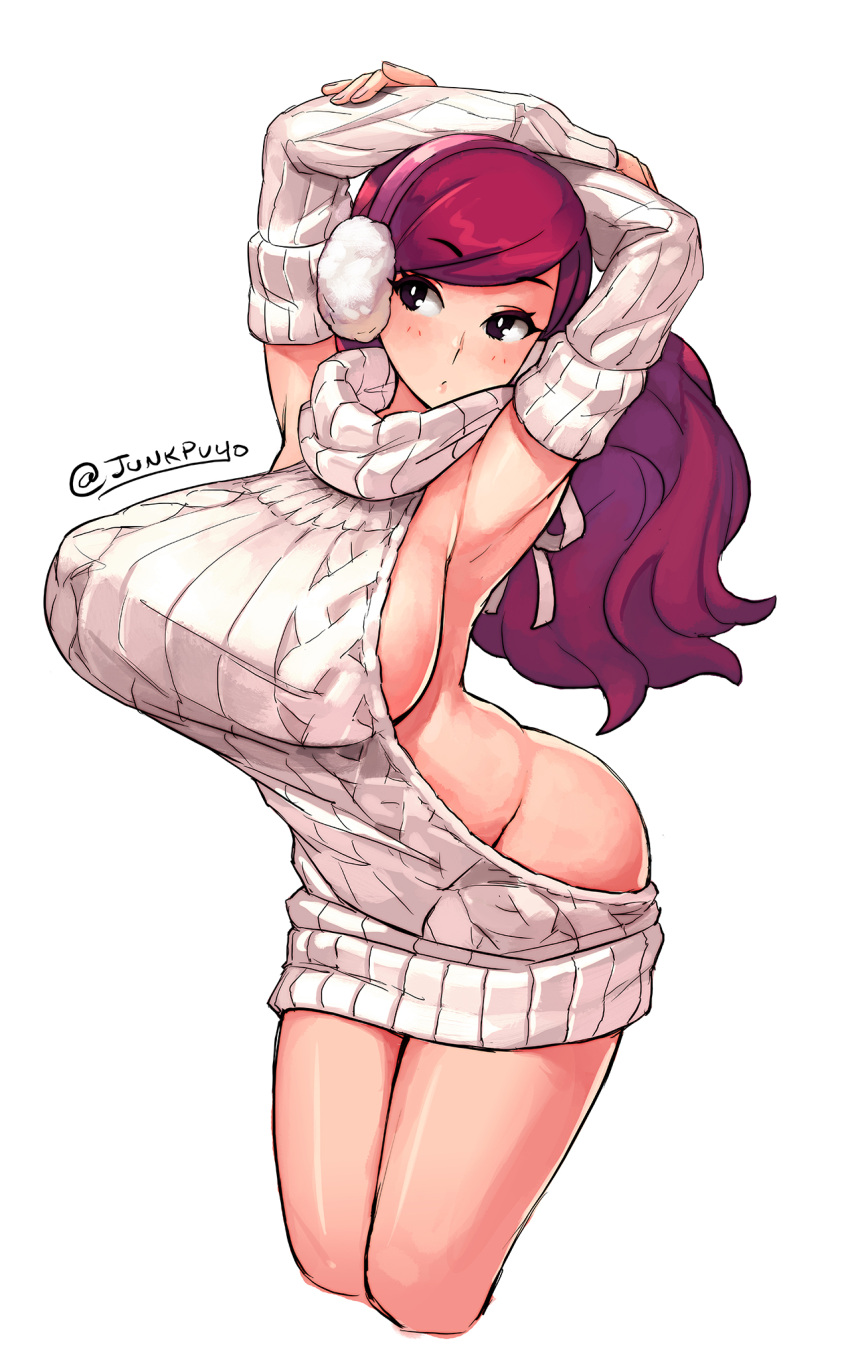 1girl, armpits, arms_behind_head, arms_up, backless_dress, backless_outfit, beryl_(junkpuyo), black_eyes