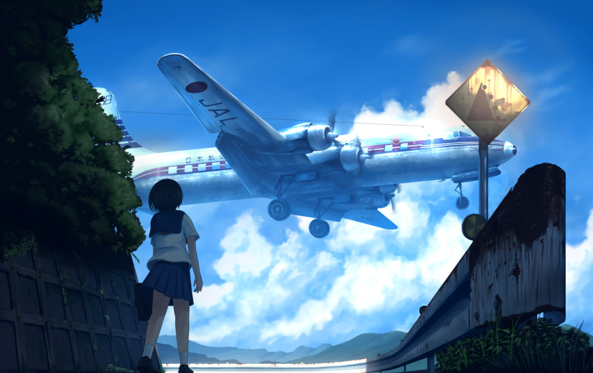 1girl, 99_(hosinosensei), aircraft, airplane, bag, blurry, clouds, commentary, dc-6, depth_of_field, from_below, highres, hill, japan_airlines, looking_up, original, propeller, railing, rising_sun, road, rural, rust, school_bag, school_uniform, serafuku, short_hair, sign, sky, sunburst, walking