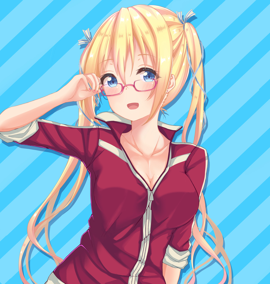 1girl, :d, adjusting_eyewear, blend_s, blonde_hair, blue_background, blue_eyes, blush