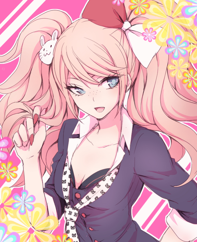 0aoiurn0, 1girl, :d, black_bra, black_jacket, blonde_hair, blue_eyes, bow, bra, breasts, bunny_hair_ornament, cleavage, dangan_ronpa, dangan_ronpa_1, enoshima_junko, freckles, hair_bow, hair_ornament, hair_twirling, ikusaba_mukuro, jacket, long_hair, nail_polish, necktie, open_mouth, print_neckwear, red_nails, small_breasts, smile, solo, twintails, underwear, upper_body, very_long_hair, white_neckwear