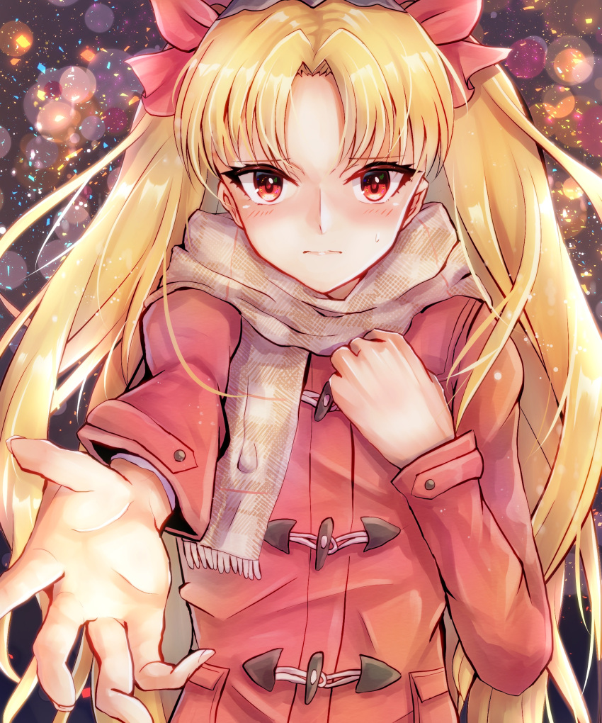 1girl, absurdres, blush, bow, coat, ereshkigal_(fate/grand_order), eyebrows_visible_through_hair, fate/grand_order