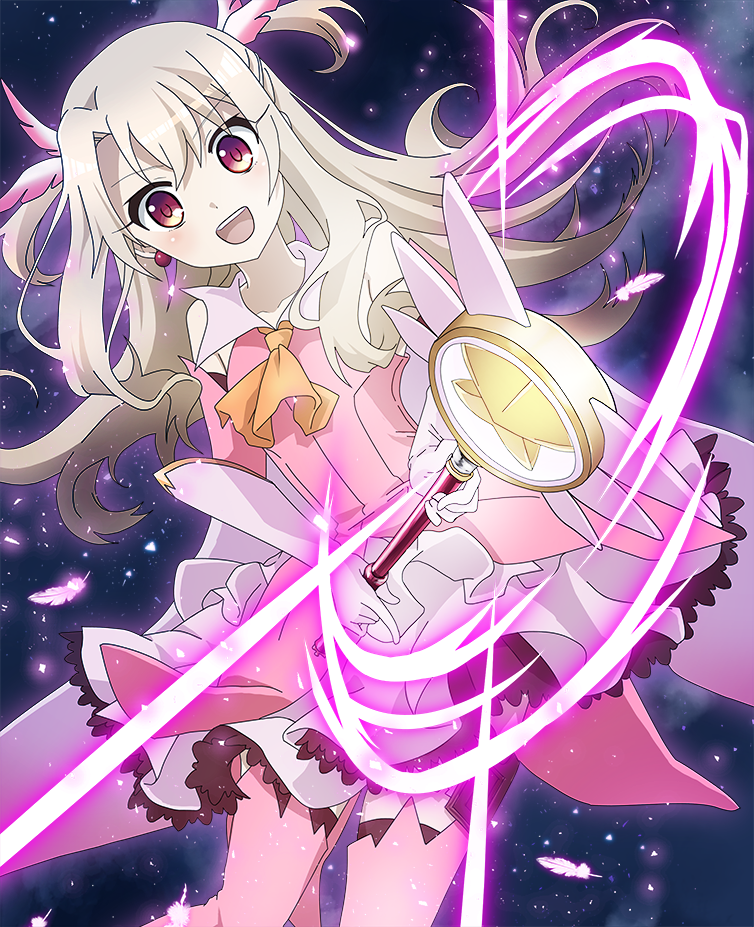 1girl, :d, akakanen, detached_sleeves, earrings, eyebrows_visible_through_hair, fate/kaleid_liner_prisma_illya, fate_(series)