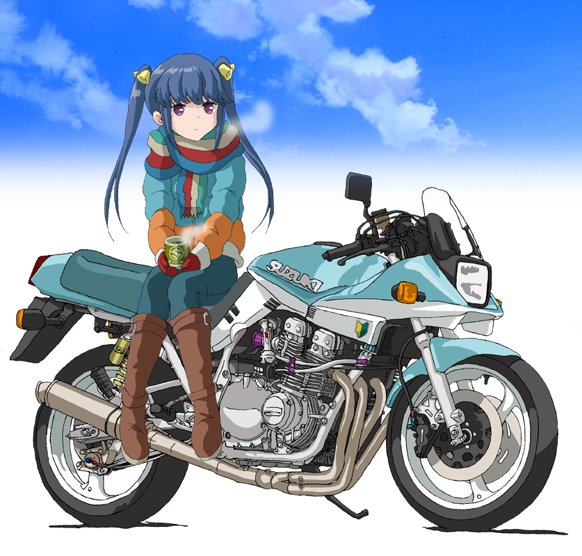 1girl, alternate_hairstyle, bakuon!!, bell, blue_hair, boots, breath, coffee_mug, commentary, cup, ground_vehicle, hair_bell, hair_ornament, hal-py, jacket, motor_vehicle, motorcycle, mug, scarf, shima_rin, shoshinsha_mark, sitting, sky, solo, steam, suzuki_(company), suzuki_katana, suzunoki_rin, twintails, violet_eyes, yurucamp