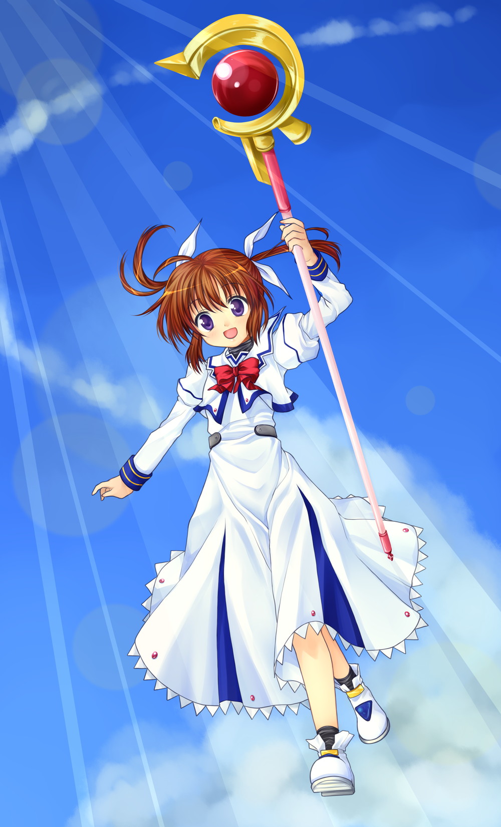 467, 467_(artist), brown_hair, cloud, flying, happy, highres, mahou_shoujo_lyrical_nanoha