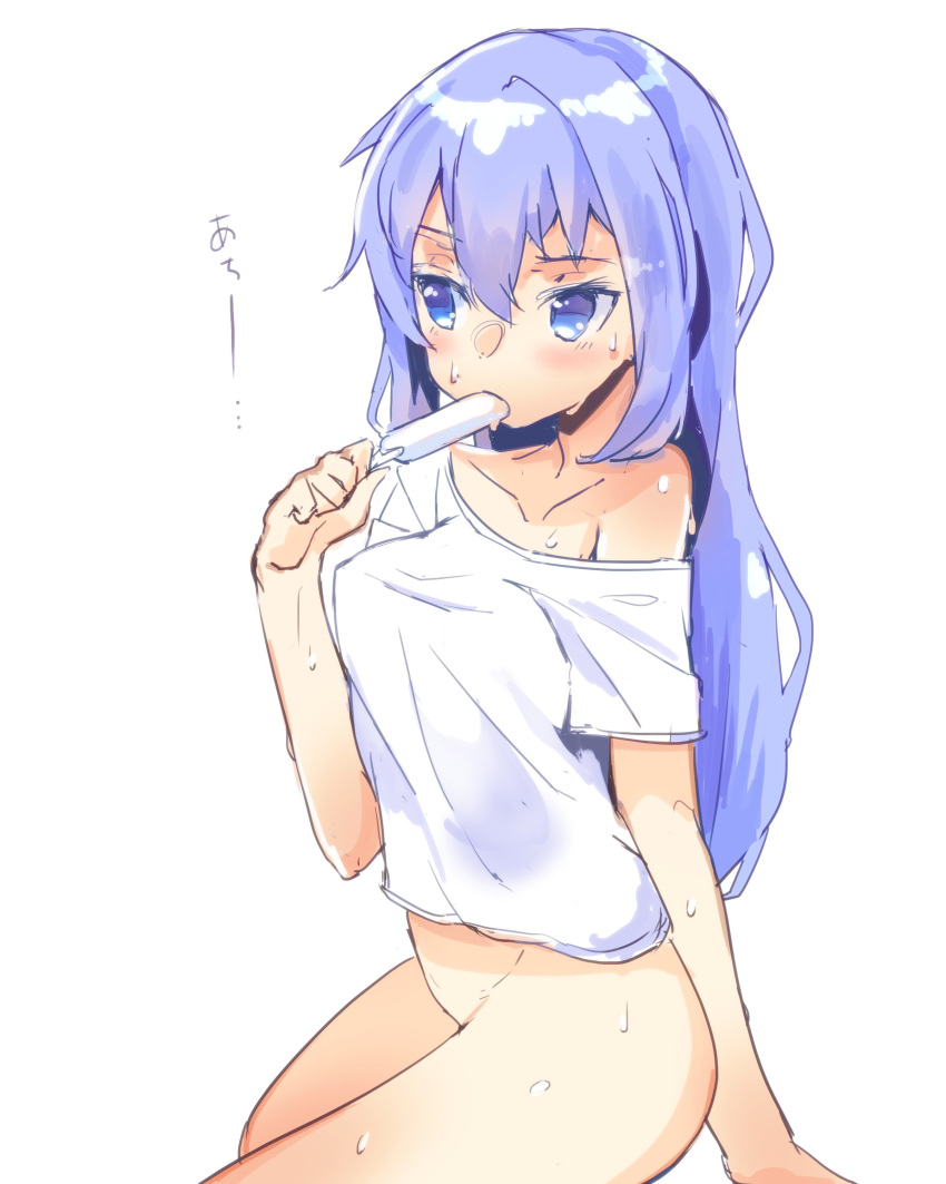 1girl, absurdres, blush, bottomless, commentary_request, copyright_request, food, hair_between_eyes, highres, holding, hot, kawasumi_(tk2k_jade), long_hair, looking_away, naked_shirt, off_shoulder, popsicle, purple_hair, shirt, short_sleeves, simple_background, single_bare_shoulder, sitting, solo, sweat, violet_eyes, white_background