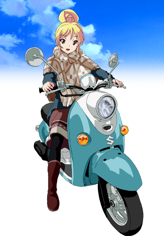 1girl, alternate_hairstyle, bakuon!!, blonde_hair, boots, commentary, cosplay, ground_vehicle