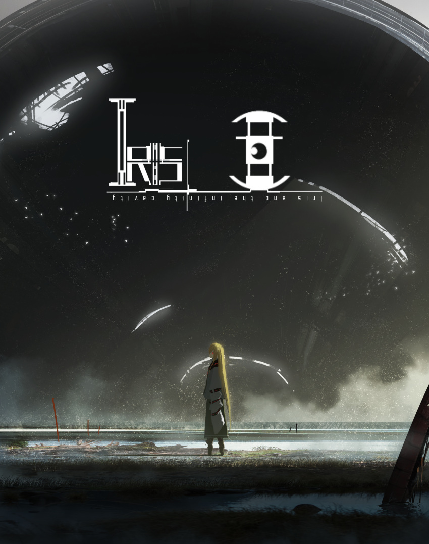 1girl, absurdres, asuteroid, blonde_hair, boots, commentary_request, cover, fake_cover, fog, highres, huge_filesize, iris_(asuteroid), long_hair, looking_at_viewer, neon_trim, original, outdoors, red_eyes, solo, standing, very_long_hair, wide_shot