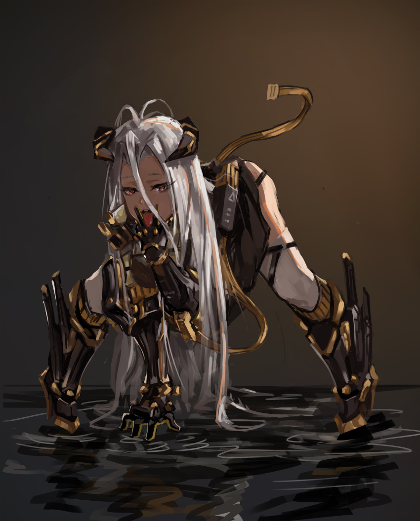 1girl, absurdres, ahoge, alcoholism_(wf446066985), bangs, hair_between_eyes, highres, horns, long_hair, looking_at_viewer, mecha_musume, mechanical_arms, mechanical_horns, mechanical_legs, mechanical_parts, mechanical_tail, open_mouth, original, red_eyes, simple_background, standing, strap, tail, tongue, tongue_out, very_long_hair