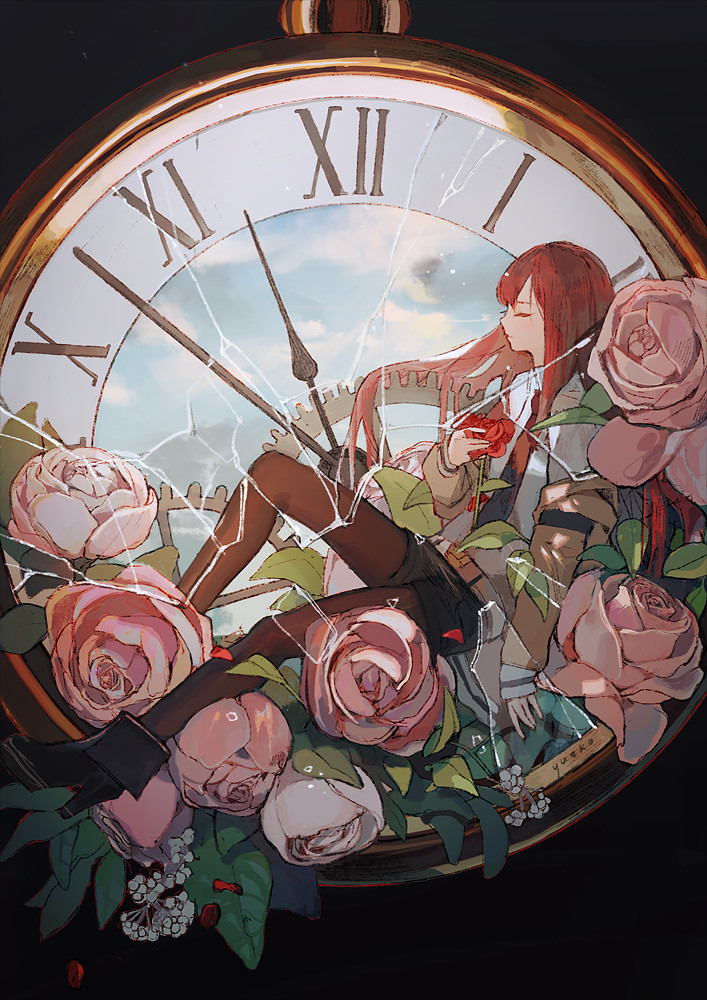 1girl, belt, black_legwear, boots, brown_hair, clock, closed_eyes, commentary