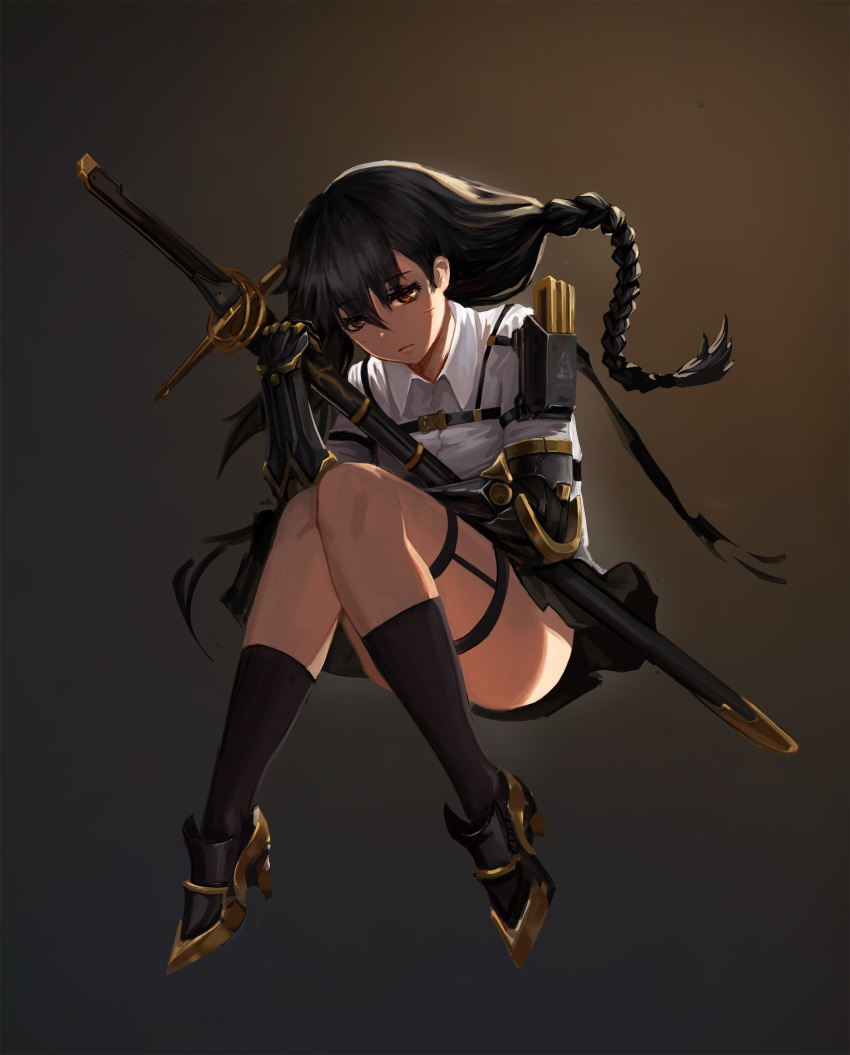 1girl, absurdres, alcoholism_(wf446066985), bangs, black_hair, black_legwear, braid, breasts