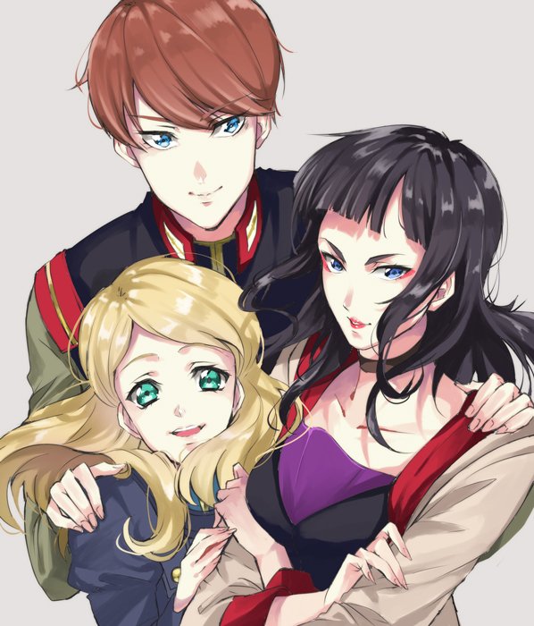 >:), 1boy, 2girls, artist_request, bangs, black_hair, blonde_hair, blue_eyes