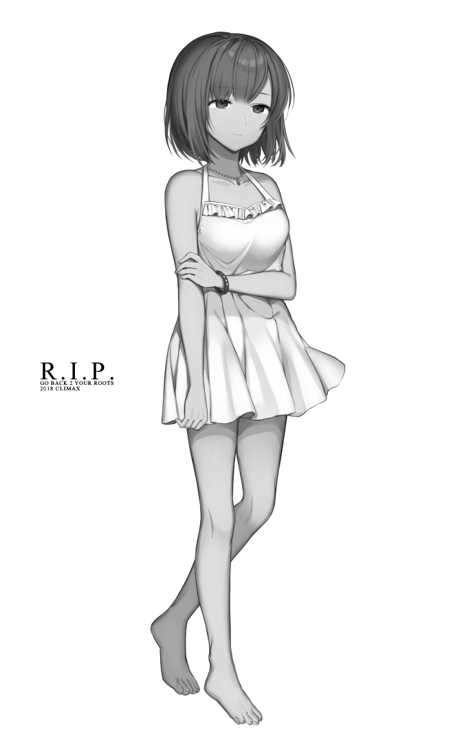 1girl, bangle, bangs, bare_arms, bare_shoulders, barefoot, bracelet, breasts