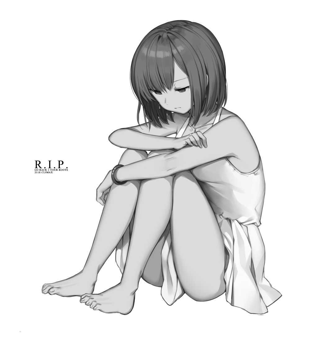 1girl, bangs, bare_arms, bare_shoulders, barefoot, closed_mouth, collarbone, dress