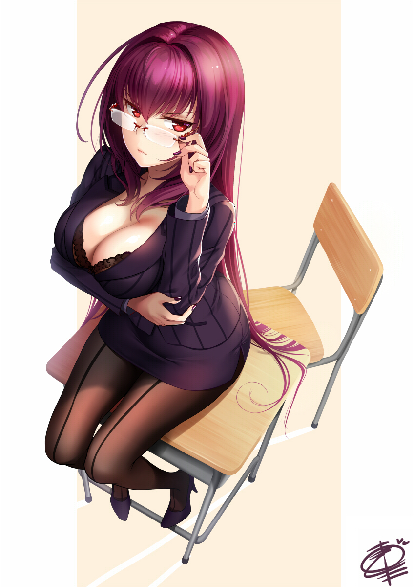 1girl, adjusting_eyewear, bangs, bra, breasts, cleavage, commentary, eyewear_pull