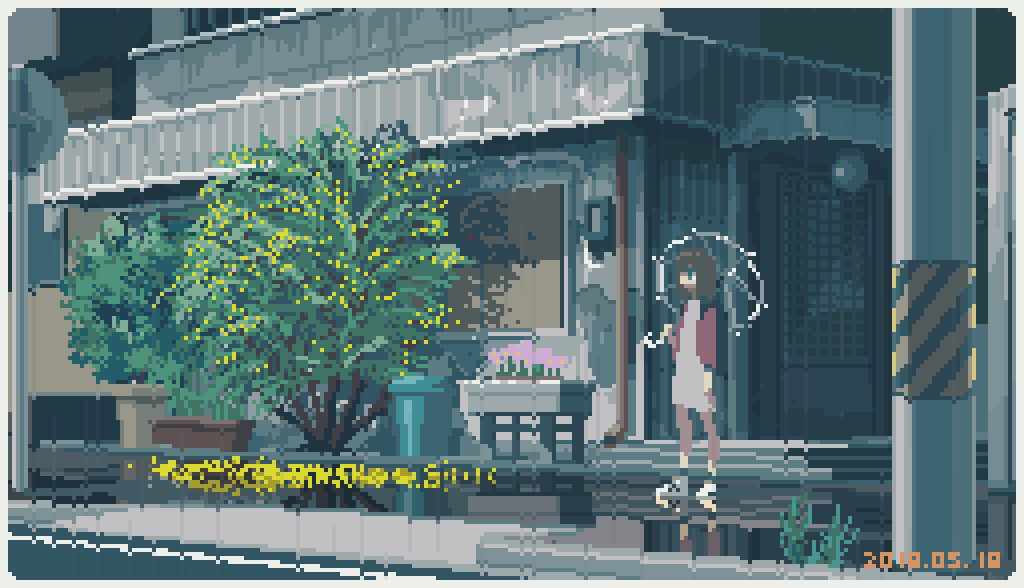 1girl, 2018, animated, animated_gif, brown_hair, building, dated, dress, flower, grass, green_eyes, holding, holding_umbrella, medium_hair, motocross_saito, original, outdoors, pixel_art, rain, reflection, road, road_sign, shoes, short_dress, sign, solo, standing, street, telephone_pole, transparent, transparent_umbrella, tree, umbrella, wet_pavement, wide_shot