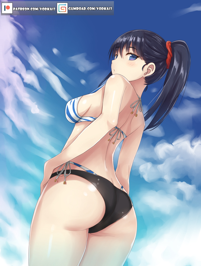 1girl, animal_print, ass, bikini, bikini_bottom, black_bikini_bottom, black_hair, blue_eyes