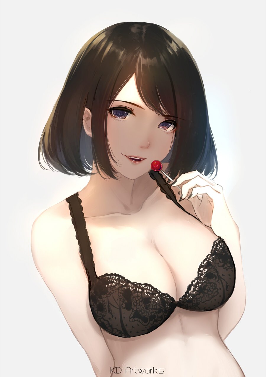 1girl, arm_at_side, artist_name, bangs, black_bra, black_nails, bra, breasts