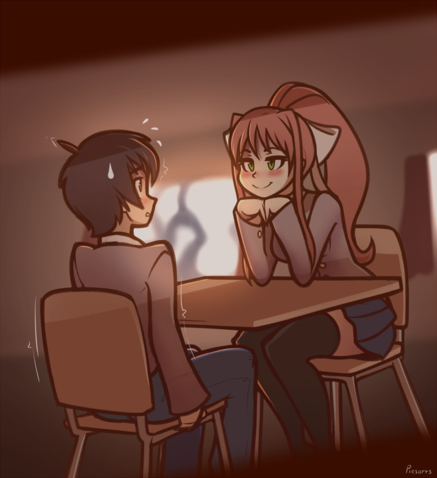 1boy, 1girl, artist_name, black_hair, black_legwear, blue_skirt, blurry, blurry_background, blush, brown_hair, chair, commentary, desk, doki_doki_literature_club, elbow_rest, english_commentary, green_eyes, grey_jacket, hair_ornament, highres, jacket, long_hair, looking_at_another, monika_(doki_doki_literature_club), piesarts, pleated_skirt, ponytail, protagonist_(doki_doki_literature_club), ribbon, school_uniform, short_hair, sitting, skirt, smile, sweat, thigh-highs, white_ribbon