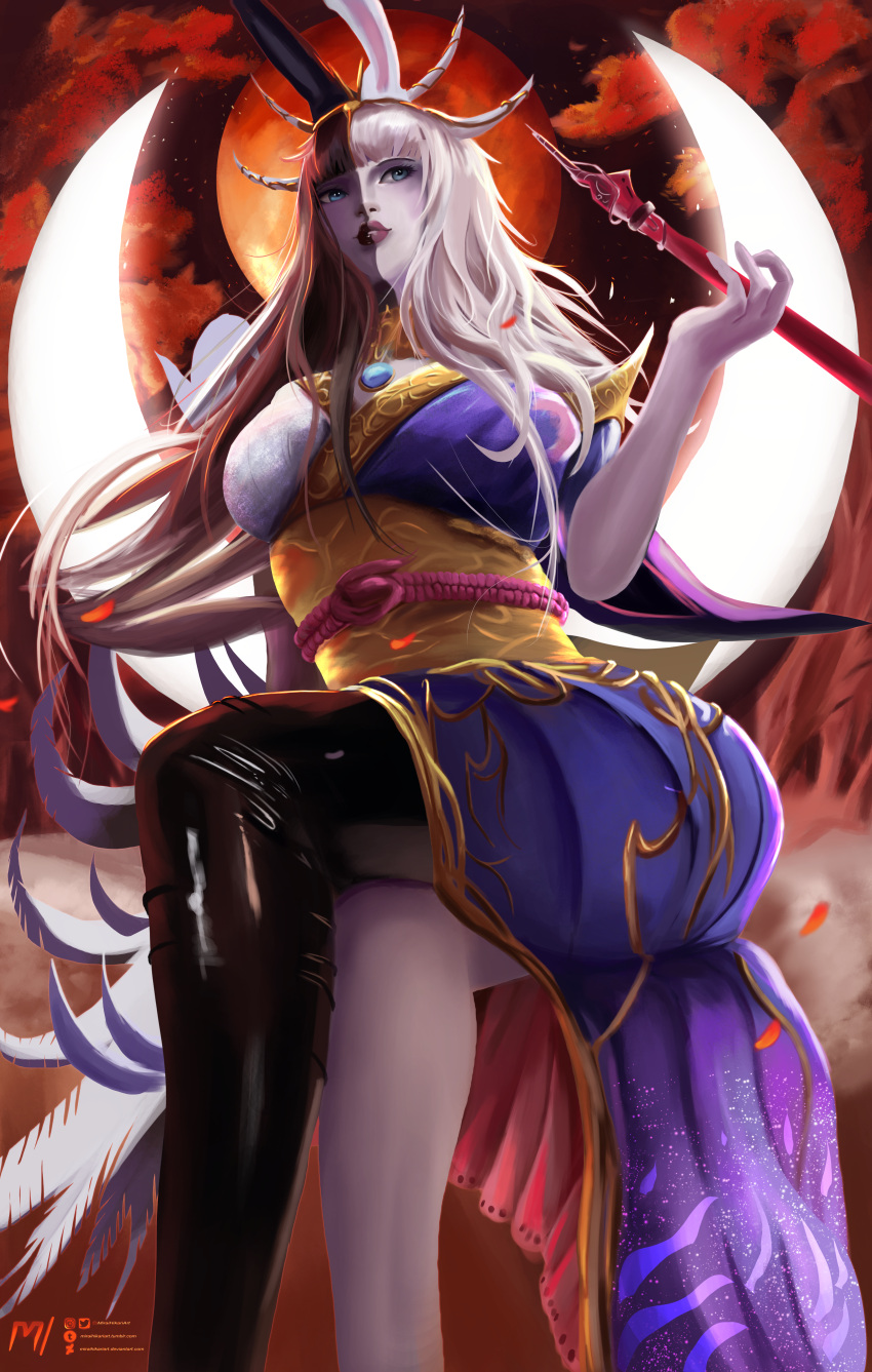 1girl, absurdres, animal_ears, black_hair, black_legwear, black_skin, blue_eyes, breasts, commentary, crescent, english_commentary, final_fantasy, final_fantasy_xiv, from_below, full_moon, highres, holding, huge_filesize, japanese_clothes, kimono, large_breasts, legs_crossed, lips, long_hair, miraihikariart, moon, multicolored_hair, parted_lips, pipe, rabbit_ears, single_thighhigh, sitting, solo, straight_hair, thigh-highs, tsukuyomi_(final_fantasy), two-tone_hair, two-tone_skin, white_hair, white_skin