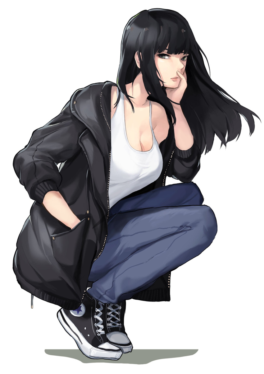 1girl, absurdres, bangs, black_hair, black_jacket, breasts, casual, cleavage