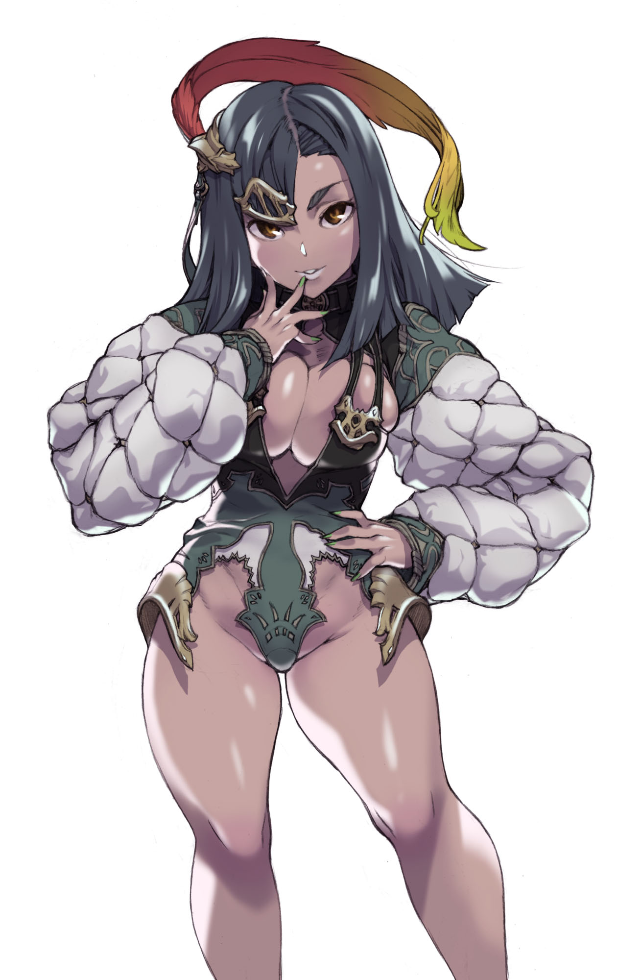 1girl, black_hair, breasts, brown_eyes, cleavage, collar, feathers, green_nails