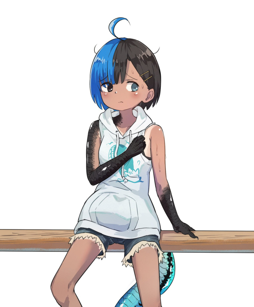 1girl, black_eyes, black_hair, blue_eyes, blue_hair, blue_shorts, blush, closed_mouth