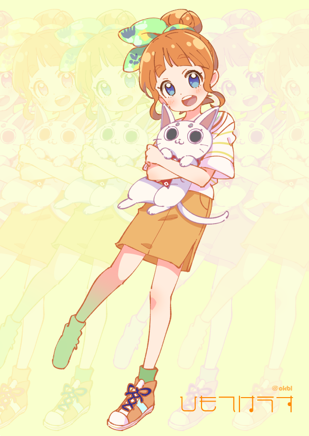 1girl, :d, bangs, blue_eyes, blunt_bangs, blush, bow, cat