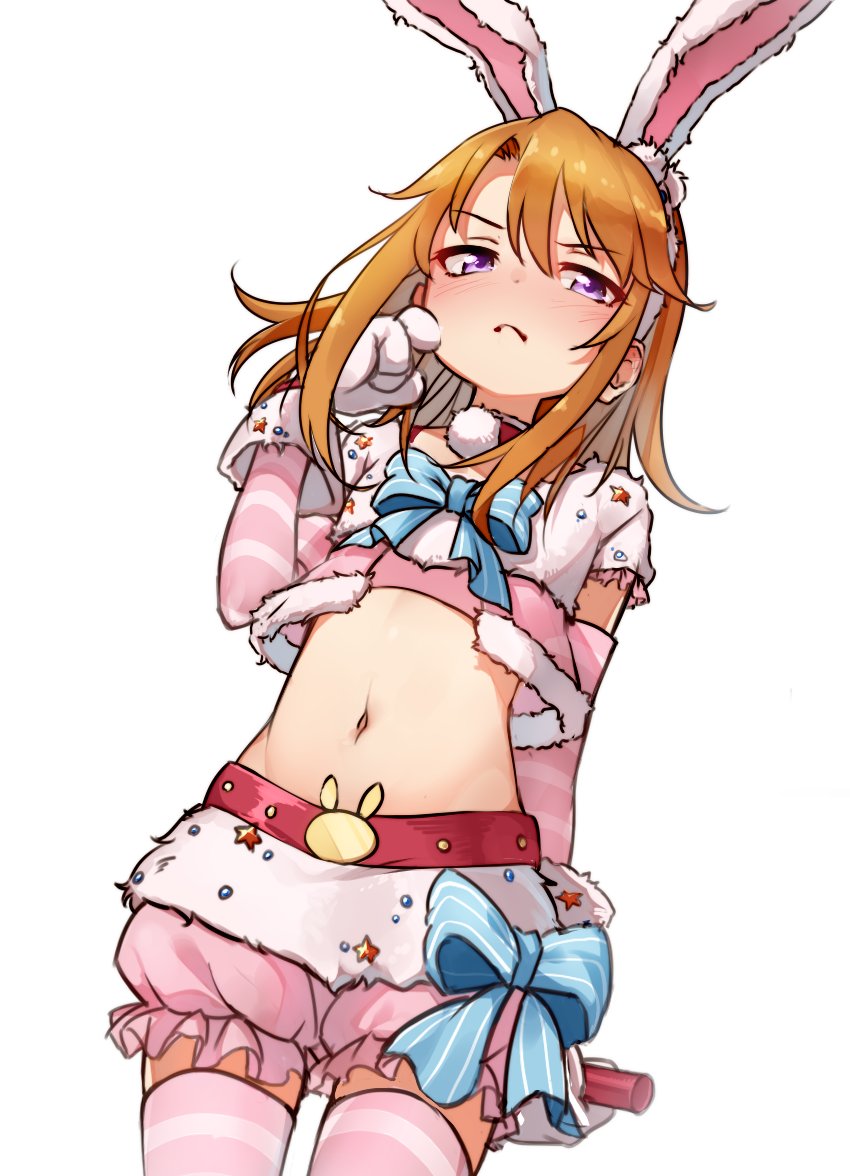 1girl, :t, alternate_eye_color, animal_ears, belt, belt_buckle, blue_bow, blush