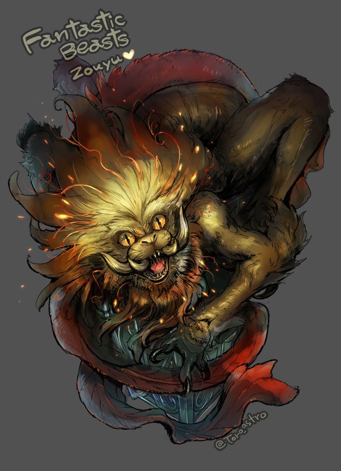 animal, artist_name, character_name, copyright_name, fangs, fantastic_beasts_and_where_to_find_them, grey_background, heart, no_humans, open_mouth, solo, tail, tongue, yellow_eyes, zouwu