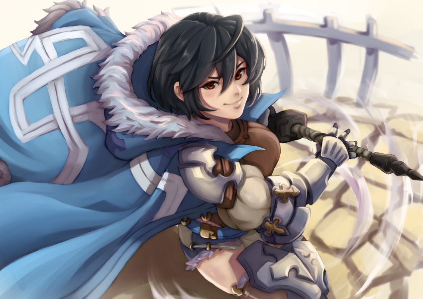 1girl, absurdres, armor, belt, black_gloves, black_hair, caiman-pool, cape