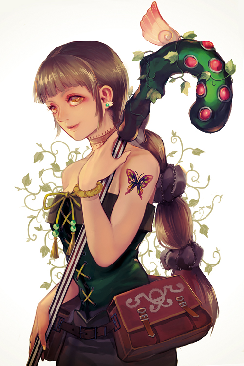 1girl, bag, bare_shoulders, bow, braid, breasts, commentary_request, green_eyes