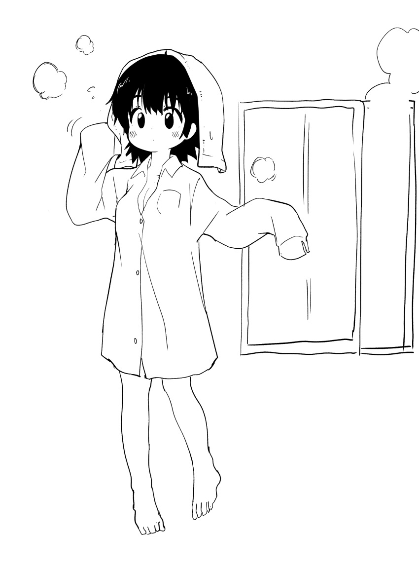1girl, absurdres, blush, bottomless, breasts, bural_chingu, cleavage, dress_shirt