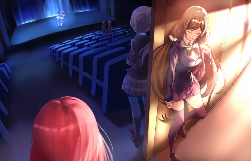 6+girls, against_wall, auditorium, ayase_eli, black_footwear, blazer, blonde_hair, bow