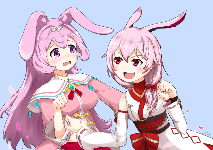 2girls, animal_ears, circlet, dragalia_lost, hair_ornament, highres, honkai_impact, long_hair, long_sleeves, melsa, midriff, multiple_girls, pink_eyes, pink_hair, rabbit_ears, ribbon, roots, theresa_apocalypse, violet_eyes, wide_sleeves