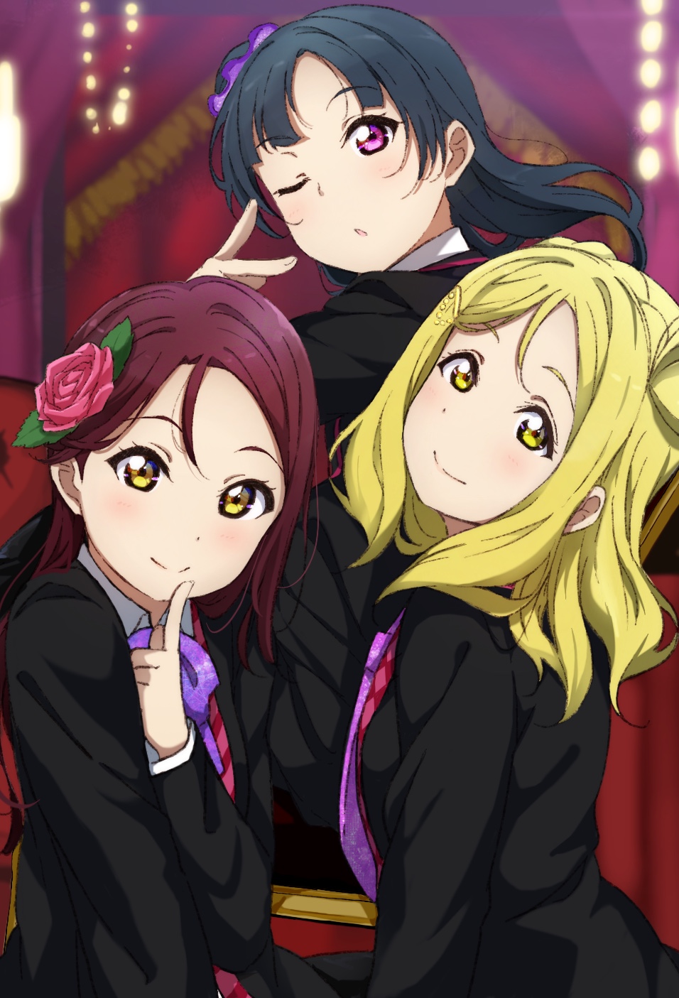 3girls, ;o, bangs, black_hair, blonde_hair, blurry, blurry_background, braid