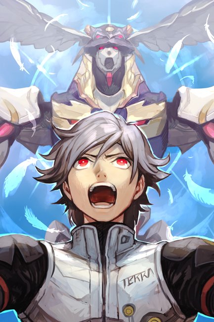 1boy, bangs, feathers, glowing, glowing_eyes, grey_hair, hankuri, head_wings, kamina_ayato, male_focus, mecha, open_mouth, pilot_suit, rahxephon, rahxephon_(mecha), red_eyes, short_hair, shouting