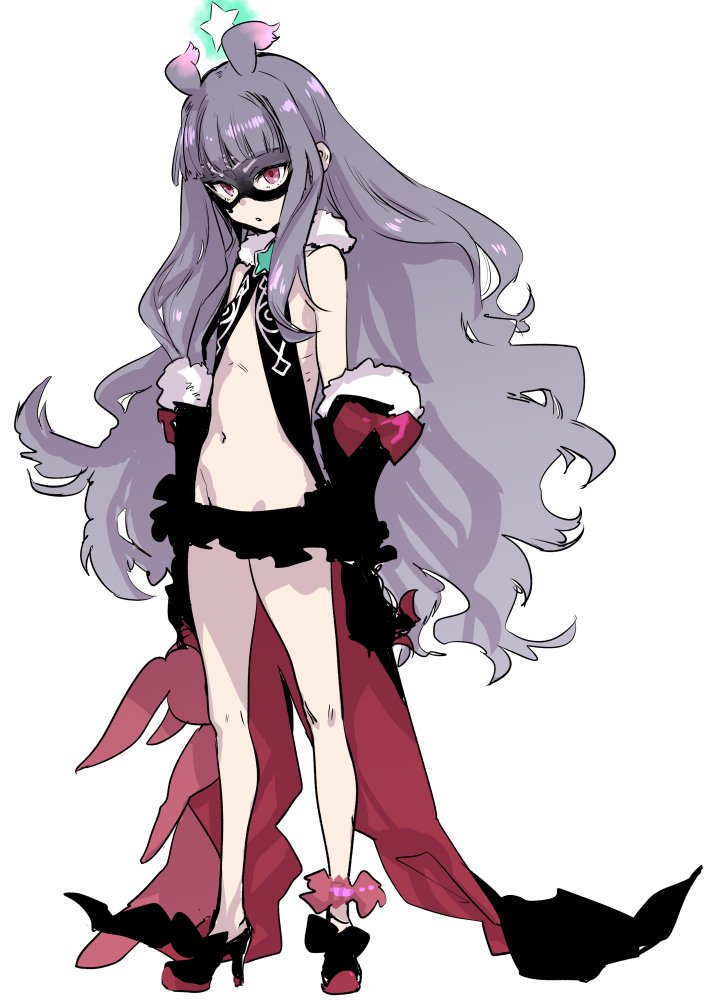 1girl, bare_shoulders, black_gloves, breasts, full_body, gloves, grey_hair, groin, high_heels, hoshimiya_kate, ikuhana_niiro, itzpalt_of_element, long_hair, looking_at_viewer, mask, navel, sekai_seifuku:_bouryaku_no_zvezda, simple_background, skirt, small_breasts, solo, venera-sama, very_long_hair, violet_eyes, white_background