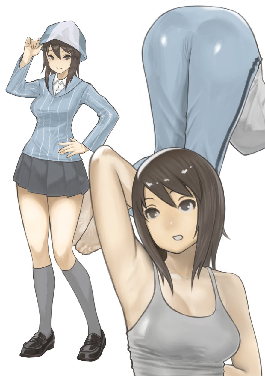1girl, adjusting_headwear, arm_behind_back, arm_behind_head, arm_up, armpits, ass, bangs