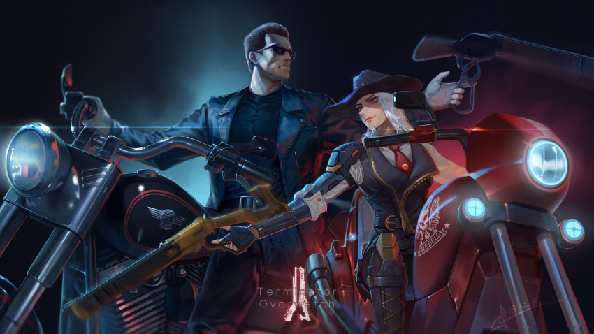 1boy, 1girl, arnold_schwarzenegger, ashe_(overwatch), beard, black_hair, boots, cowboy_hat