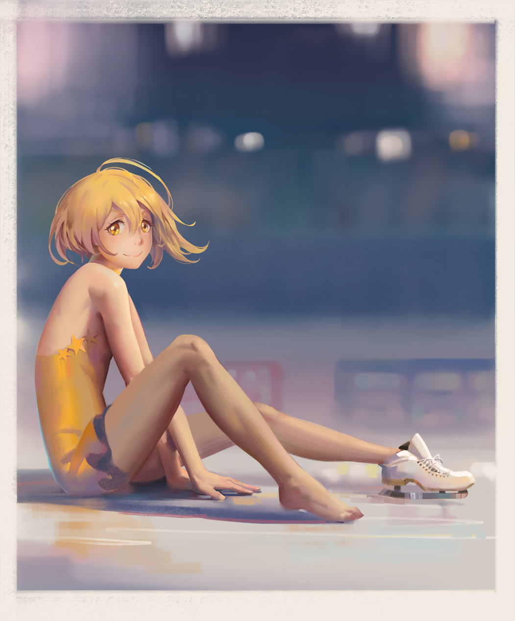 1girl, backless_dress, backless_outfit, barefoot, between_legs, blonde_hair, blurry, blurry_background